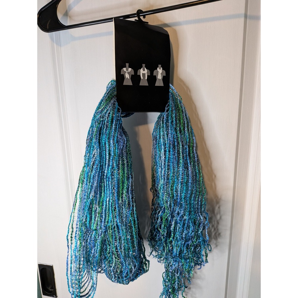 Blue Green Metallic Silver Open Knit Oblong Scarf with Fringe Mermaidcore